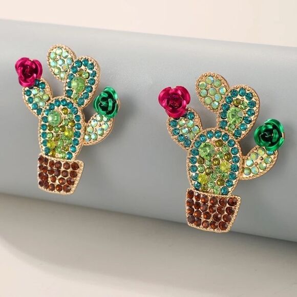 Flowering Cactus Earrings Rhinestone Green Pink - Picture 1 of 3